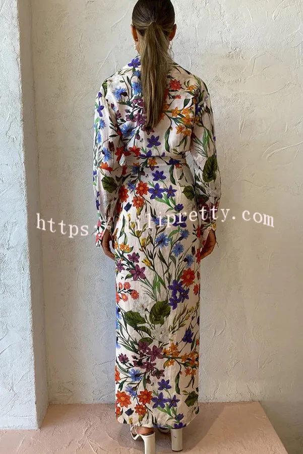 Modern Romantic Linen Blend Floral Print Wrap Shirt Maxi Dress