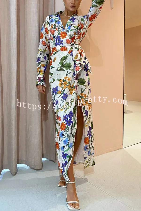 Modern Romantic Linen Blend Floral Print Wrap Shirt Maxi Dress