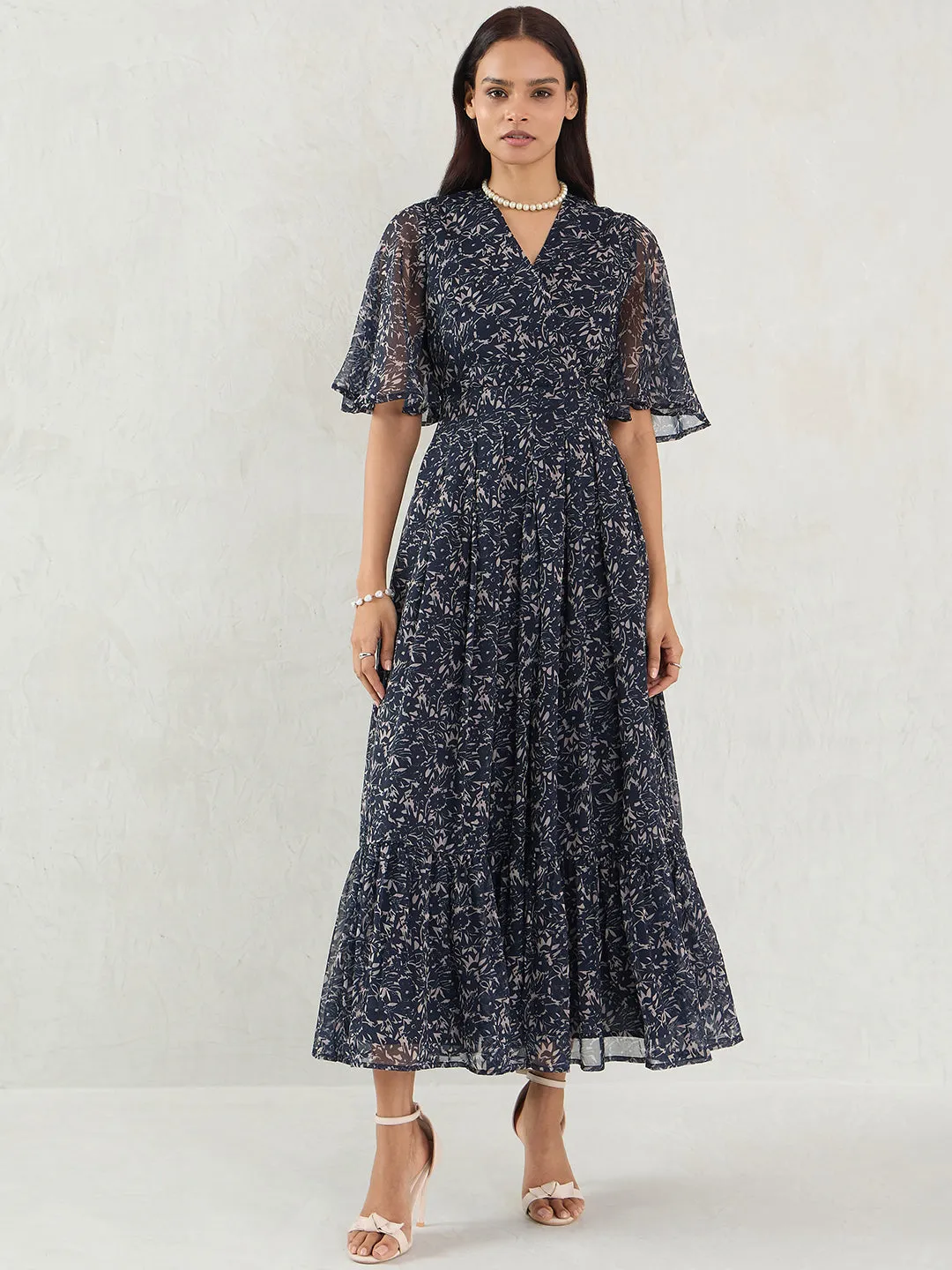 Navy Floral Print Wrap Maxi Dress