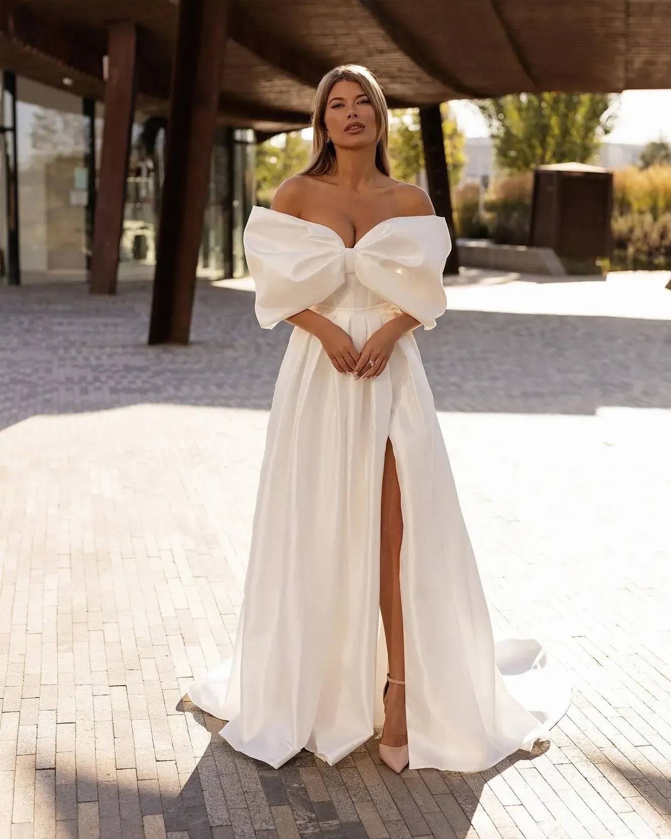 Off the Shoulder Side Slit Satin Bridal Dress Bow Sweetheart A-Line
