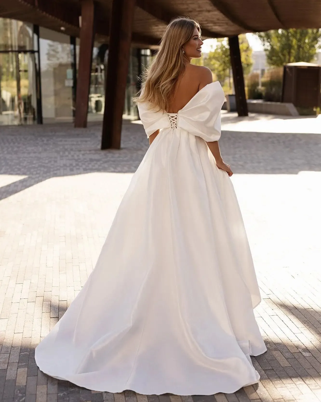 Off the Shoulder Side Slit Satin Bridal Dress Bow Sweetheart A-Line