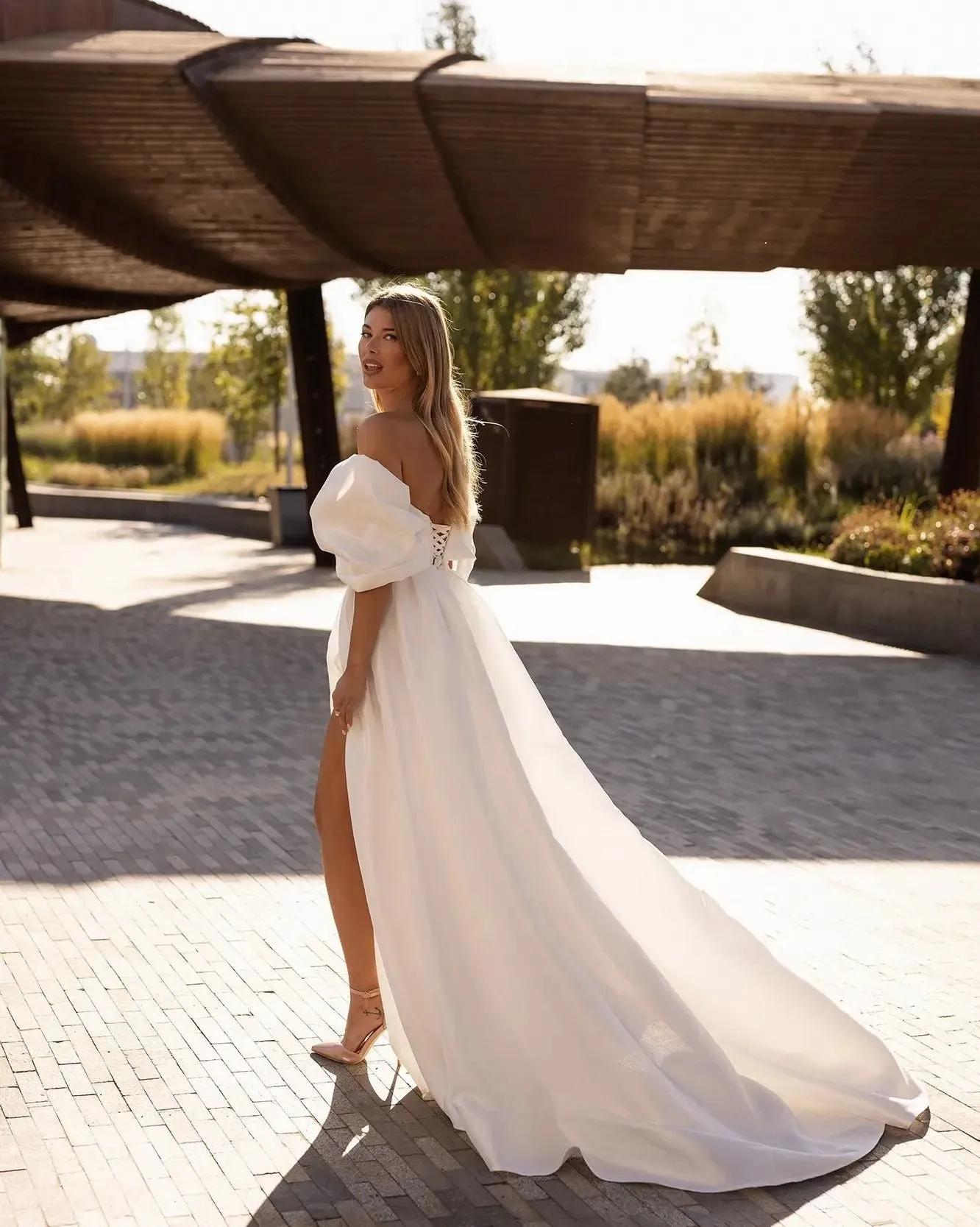 Off the Shoulder Side Slit Satin Bridal Dress Bow Sweetheart A-Line