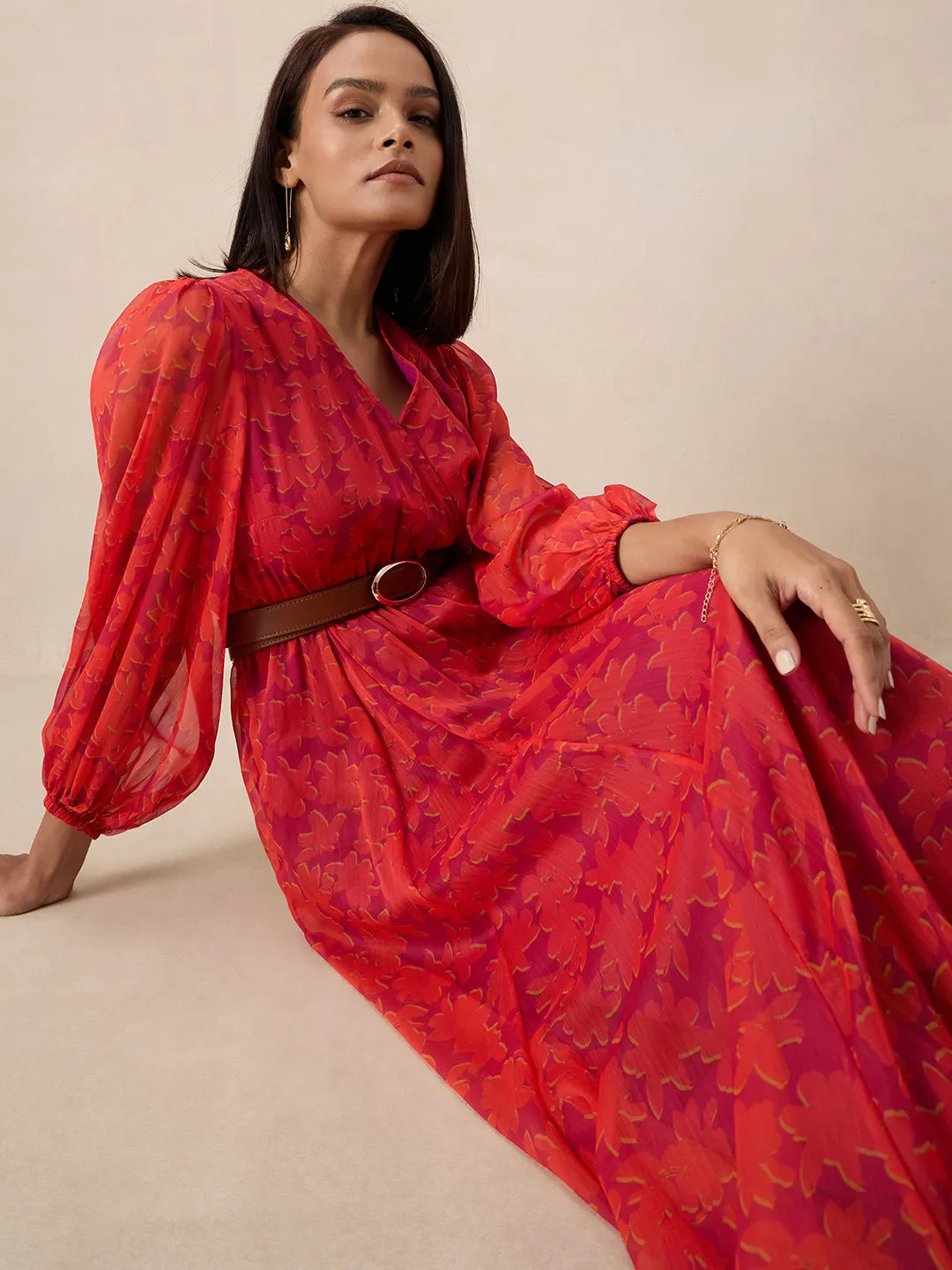 Orange Floral Printed Wrap Maxi Dress
