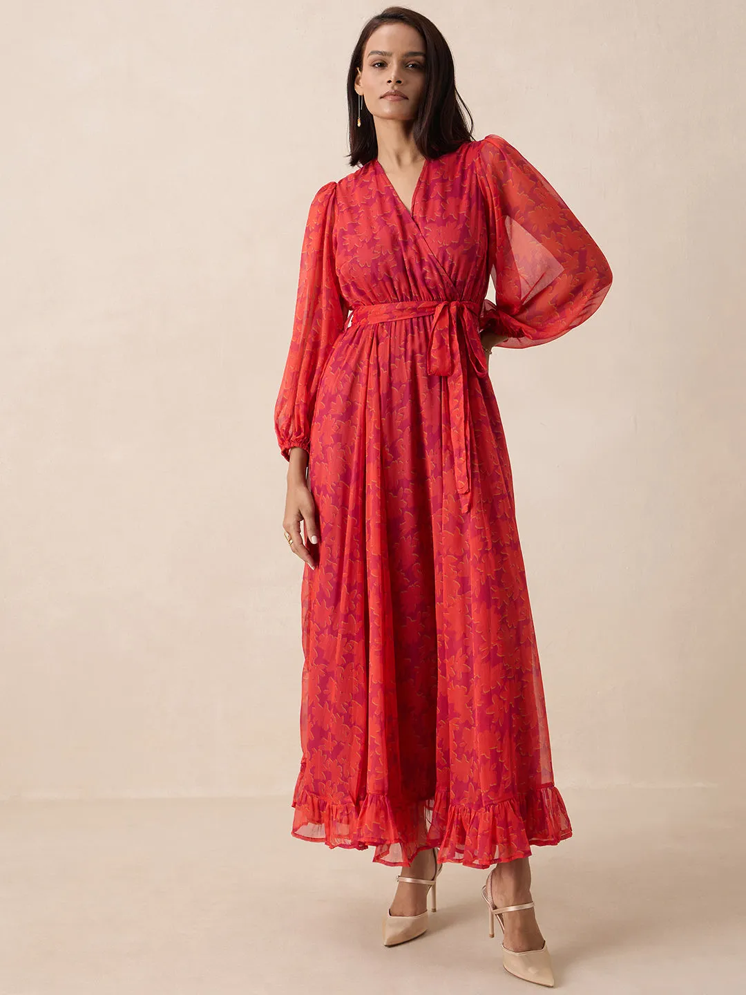 Orange Floral Printed Wrap Maxi Dress