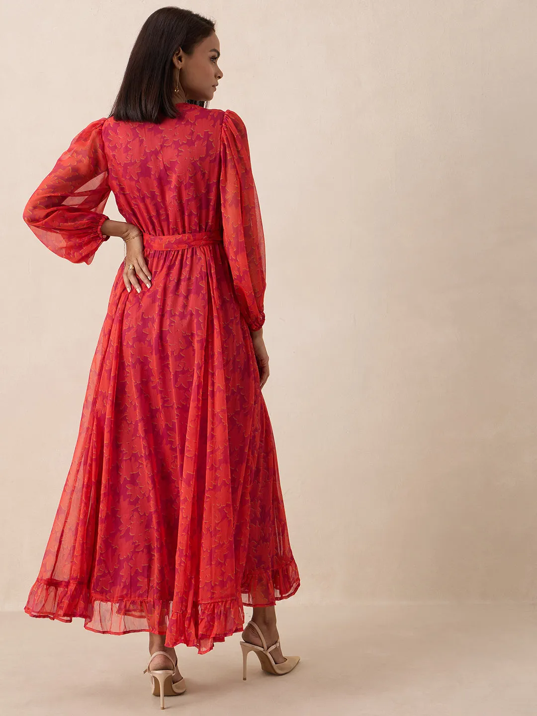 Orange Floral Printed Wrap Maxi Dress