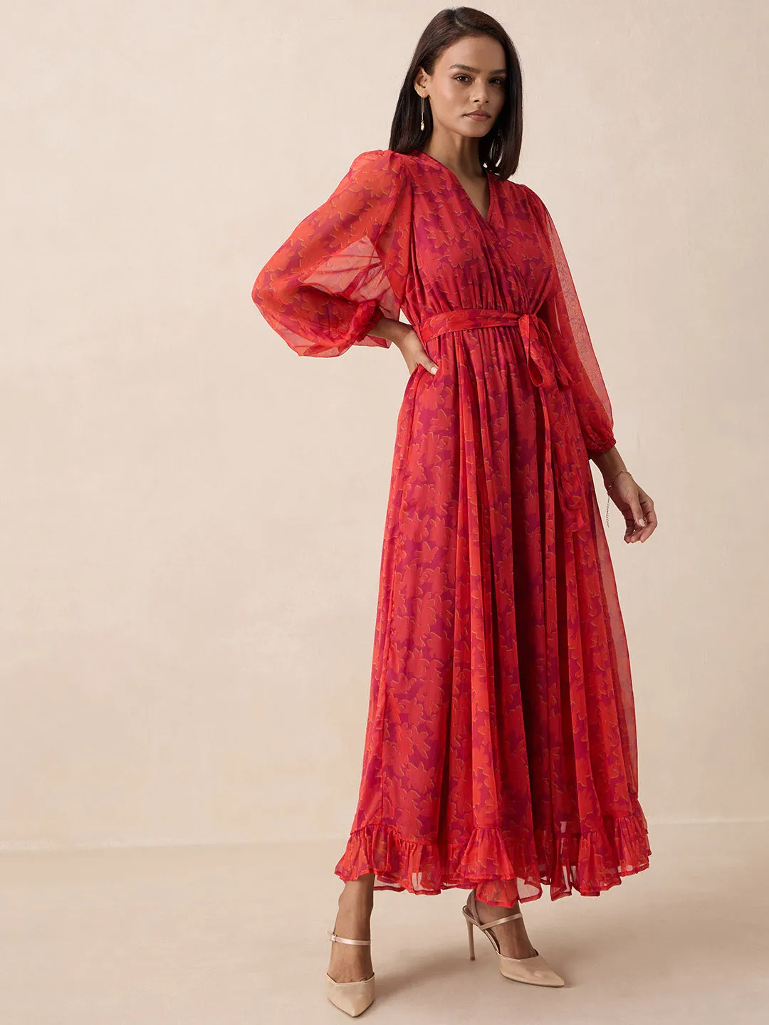 Orange Floral Printed Wrap Maxi Dress