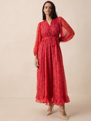 Orange Floral Printed Wrap Maxi Dress