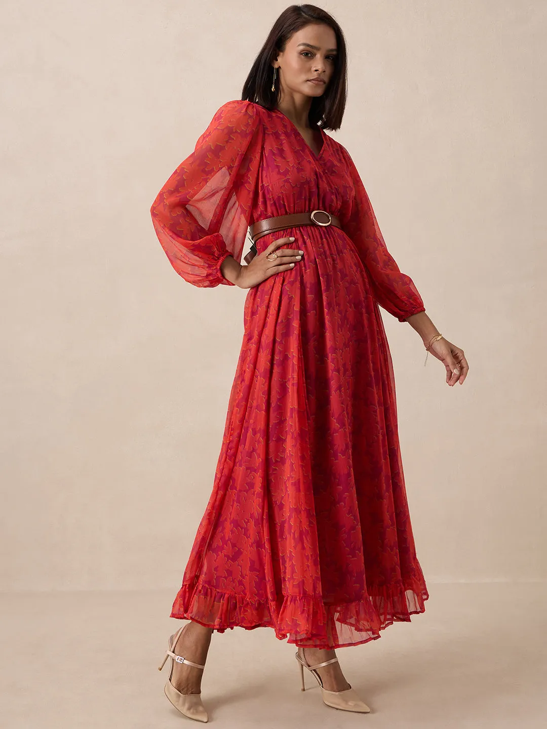 Orange Floral Printed Wrap Maxi Dress
