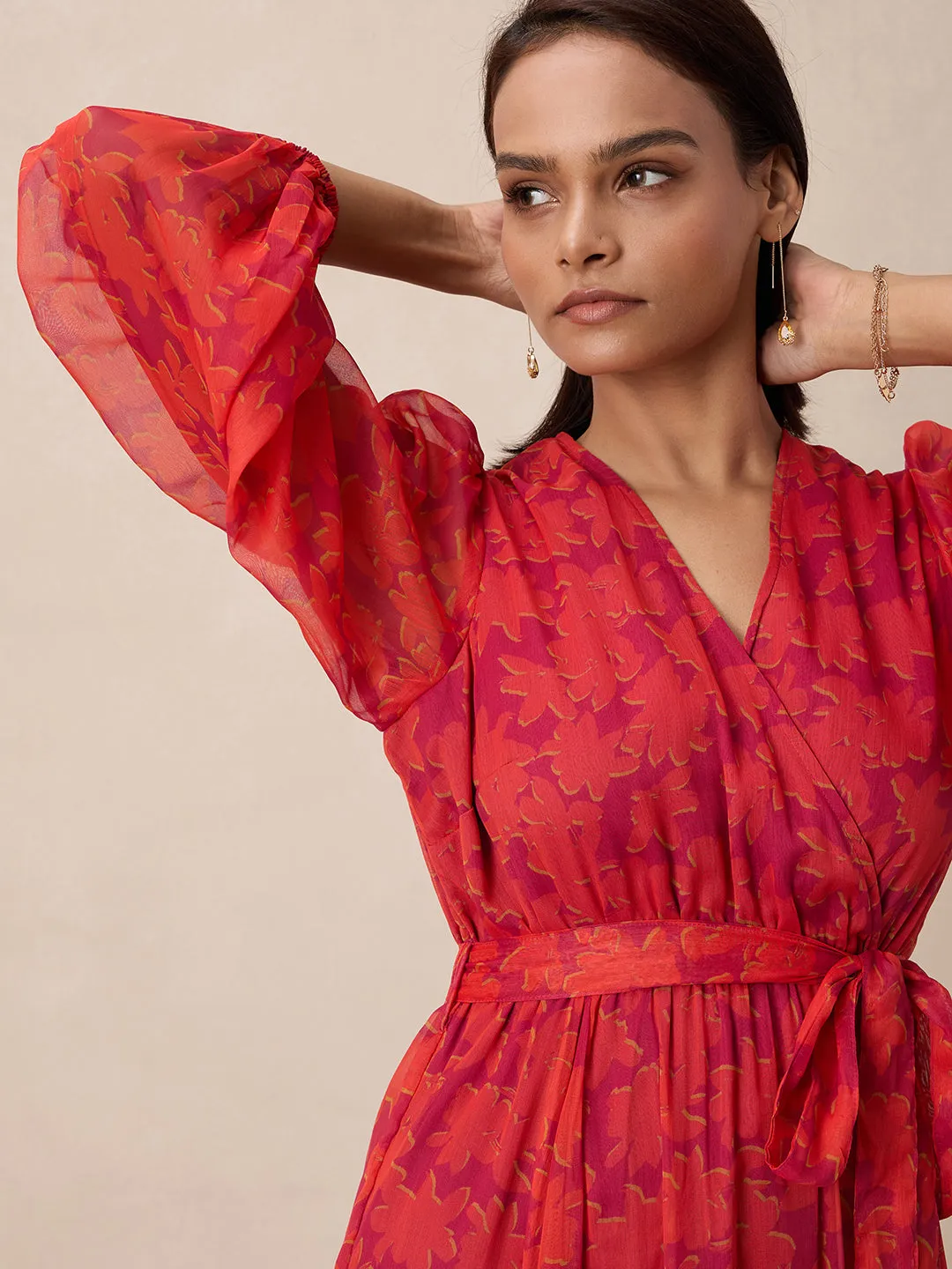 Orange Floral Printed Wrap Maxi Dress