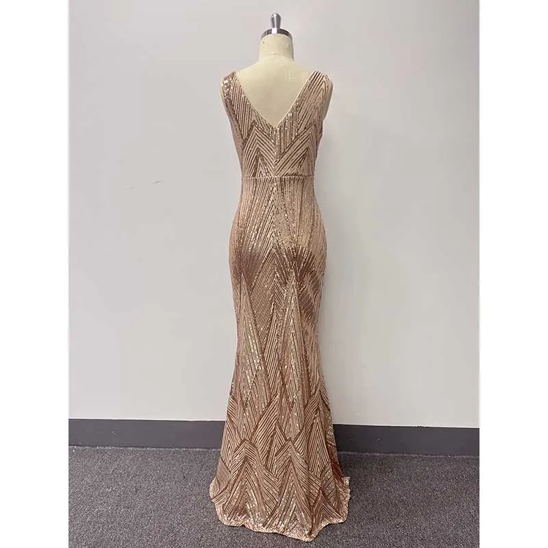 Plus Size Sequin Mermaid Prom Dress Gold Round-Neck A-Line Event Dress