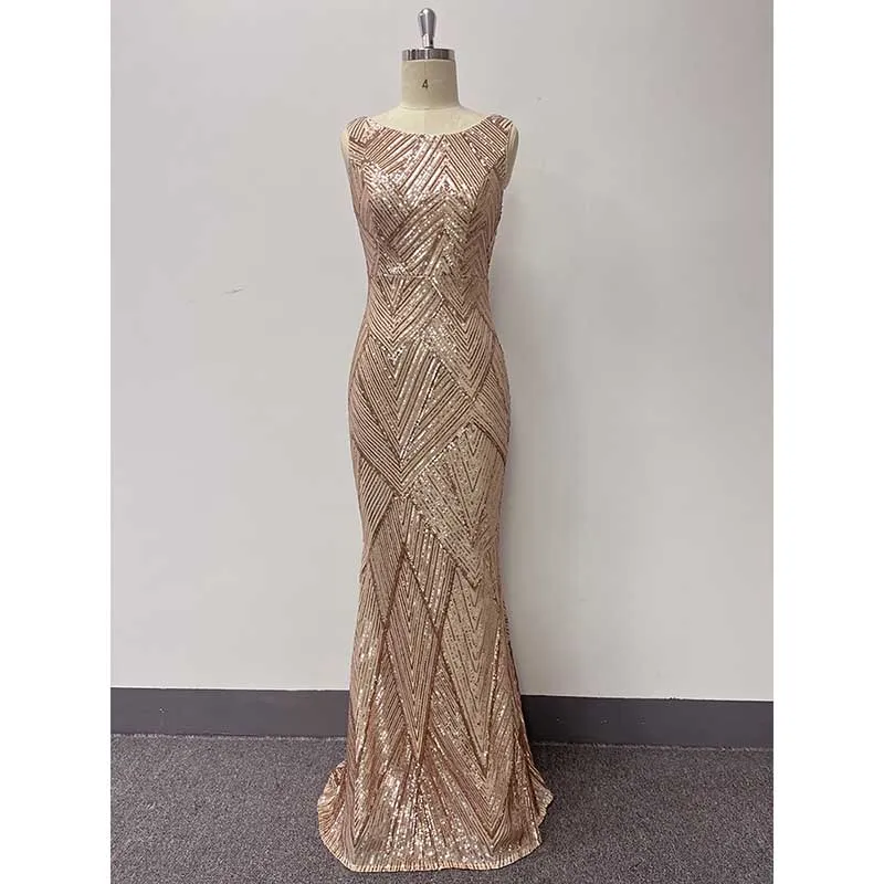 Plus Size Sequin Mermaid Prom Dress Gold Round-Neck A-Line Event Dress
