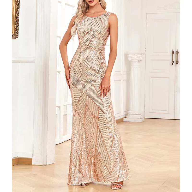 Plus Size Sequin Mermaid Prom Dress Gold Round-Neck A-Line Event Dress