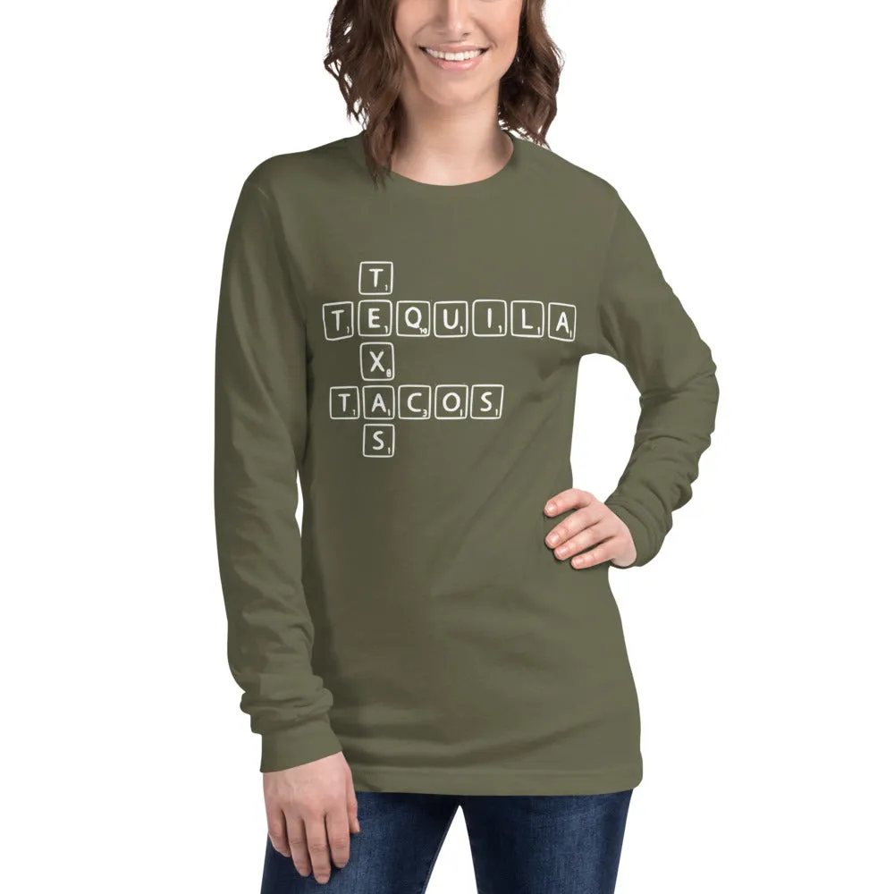 "Texas, Tacos, & Tequila Word Tiles" - Unisex Long Sleeve Tee
