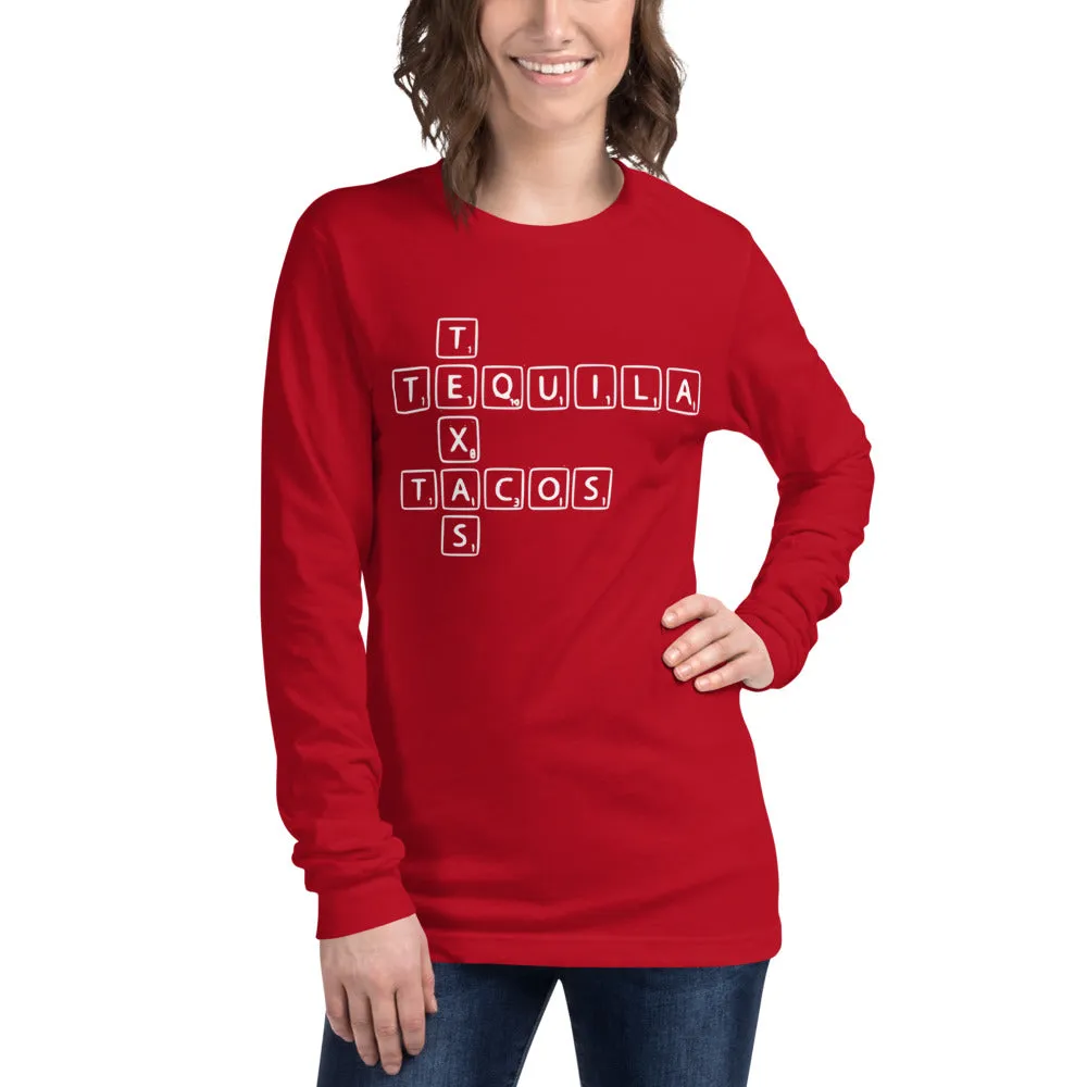 "Texas, Tacos, & Tequila Word Tiles" - Unisex Long Sleeve Tee