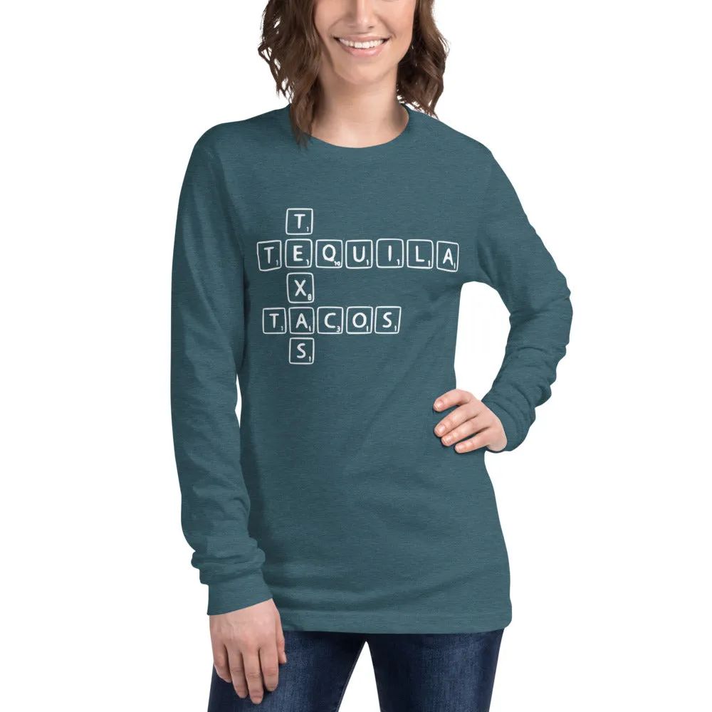 "Texas, Tacos, & Tequila Word Tiles" - Unisex Long Sleeve Tee