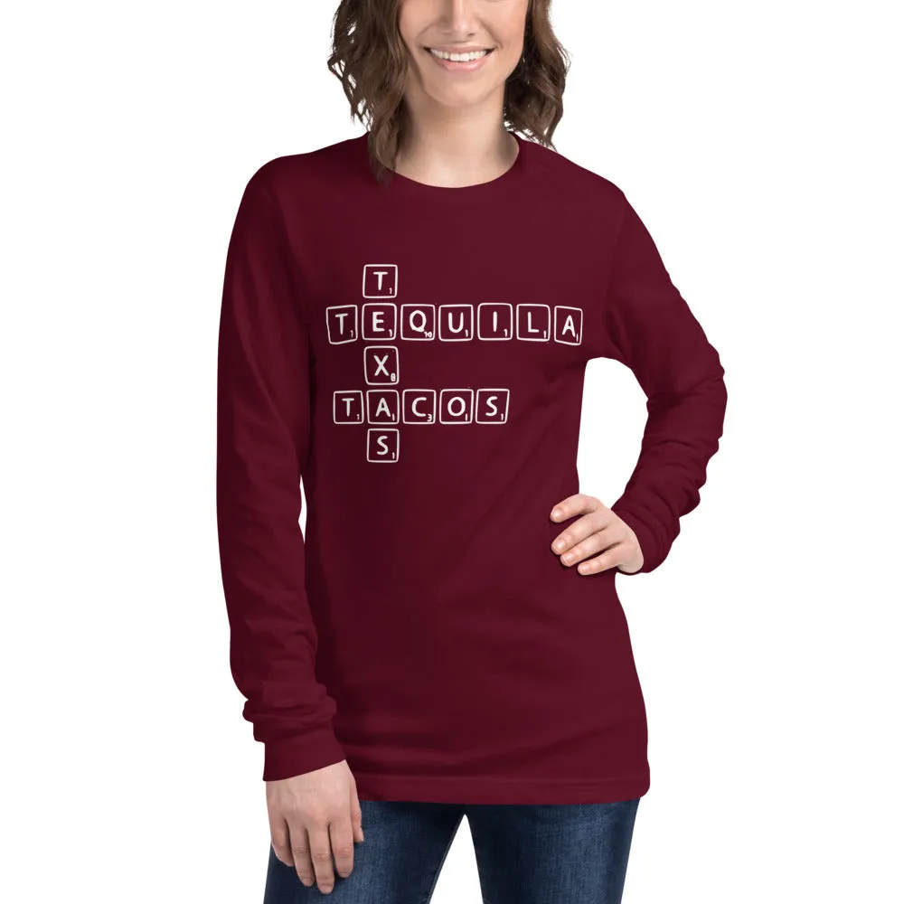 "Texas, Tacos, & Tequila Word Tiles" - Unisex Long Sleeve Tee