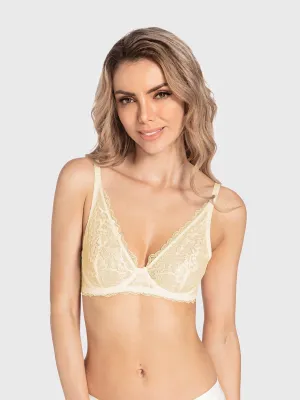 Sexy Unpadded Mesh Sheer Lace V Plunge Bra Nude