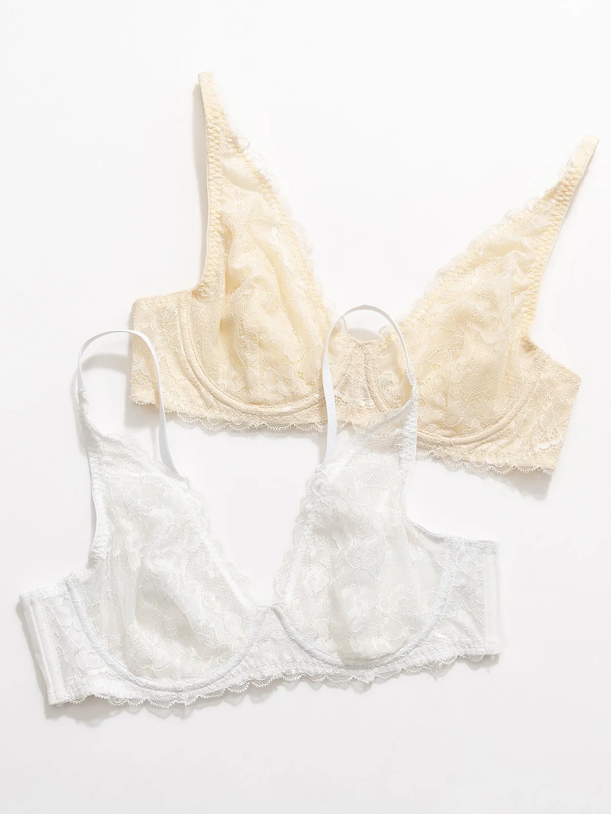 Sexy Unpadded Mesh Sheer Lace V Plunge Bra Nude
