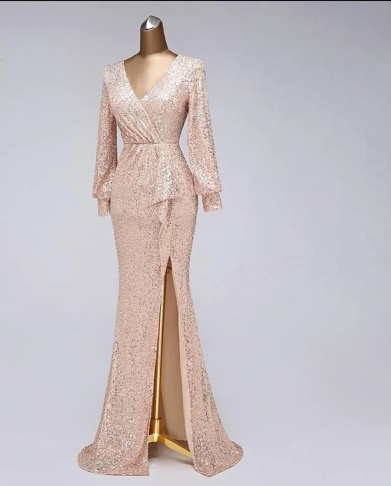 Sexy waist style long sleeve Sequin Evening Dress