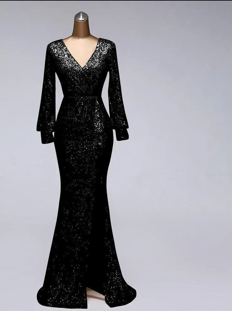 Sexy waist style long sleeve Sequin Evening Dress