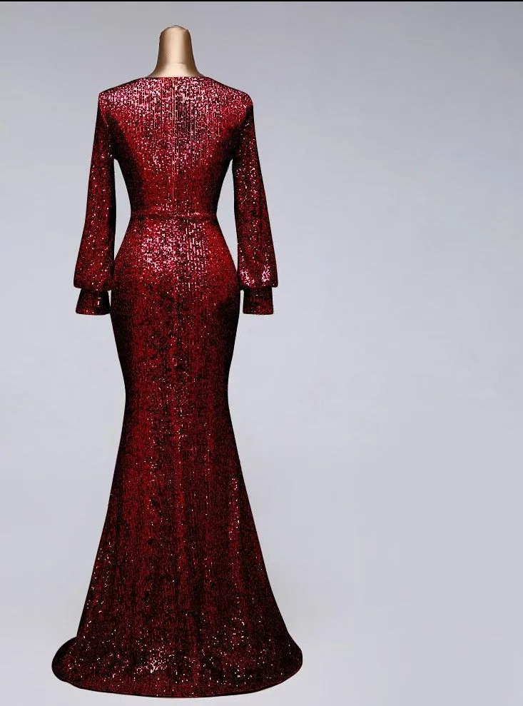 Sexy waist style long sleeve Sequin Evening Dress