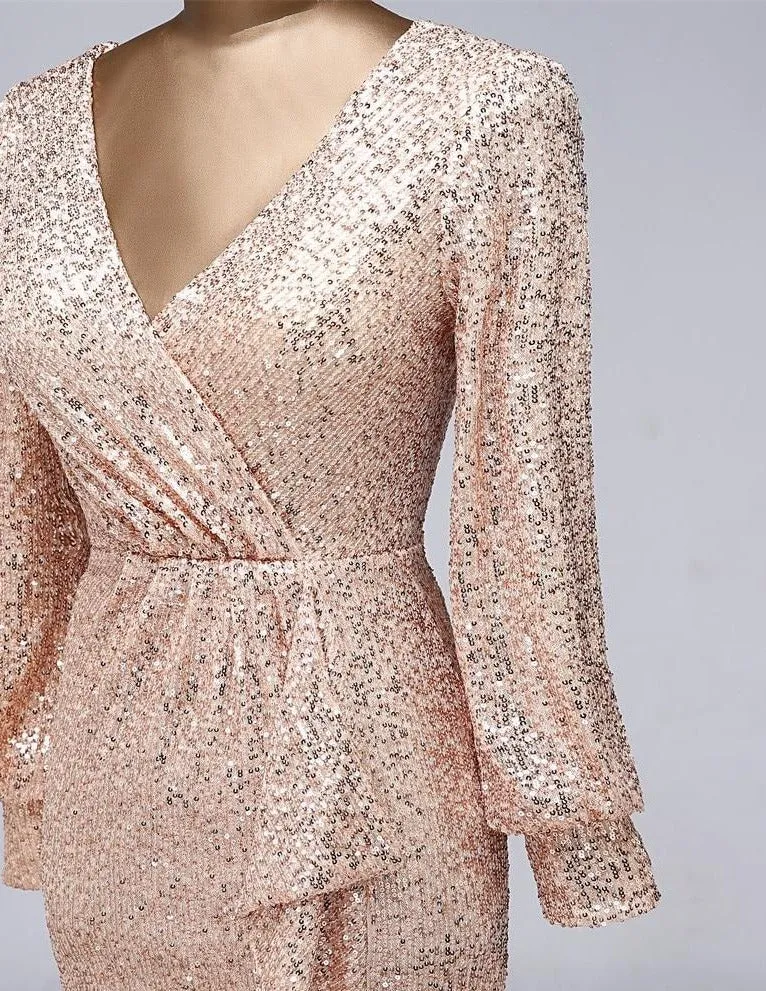 Sexy waist style long sleeve Sequin Evening Dress