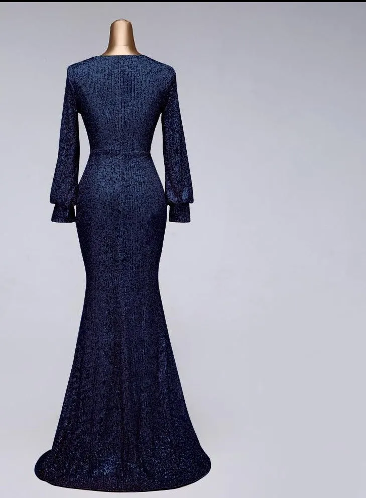 Sexy waist style long sleeve Sequin Evening Dress