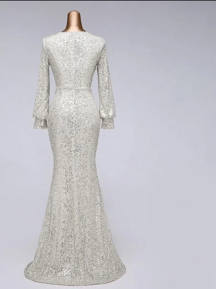 Sexy waist style long sleeve Sequin Evening Dress