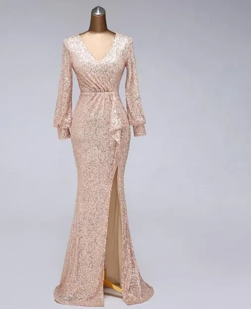 Sexy waist style long sleeve Sequin Evening Dress