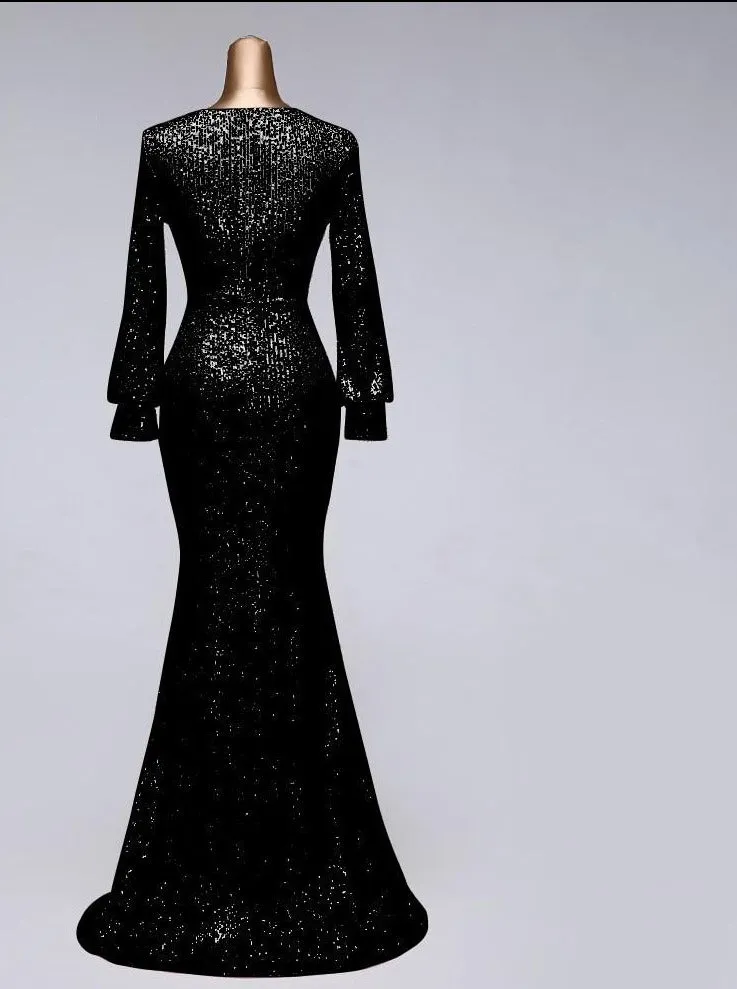 Sexy waist style long sleeve Sequin Evening Dress