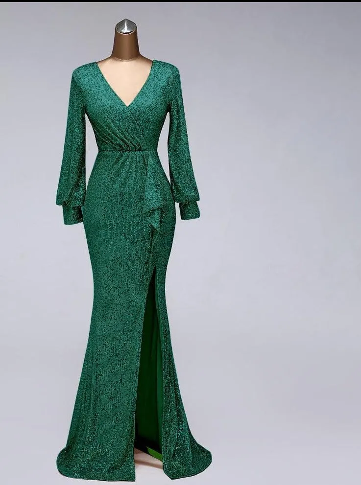 Sexy waist style long sleeve Sequin Evening Dress