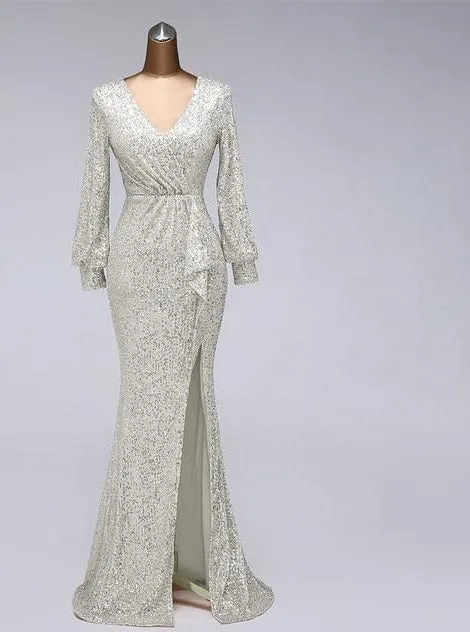 Sexy waist style long sleeve Sequin Evening Dress