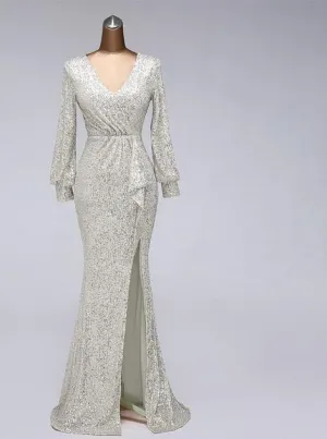 Sexy waist style long sleeve Sequin Evening Dress