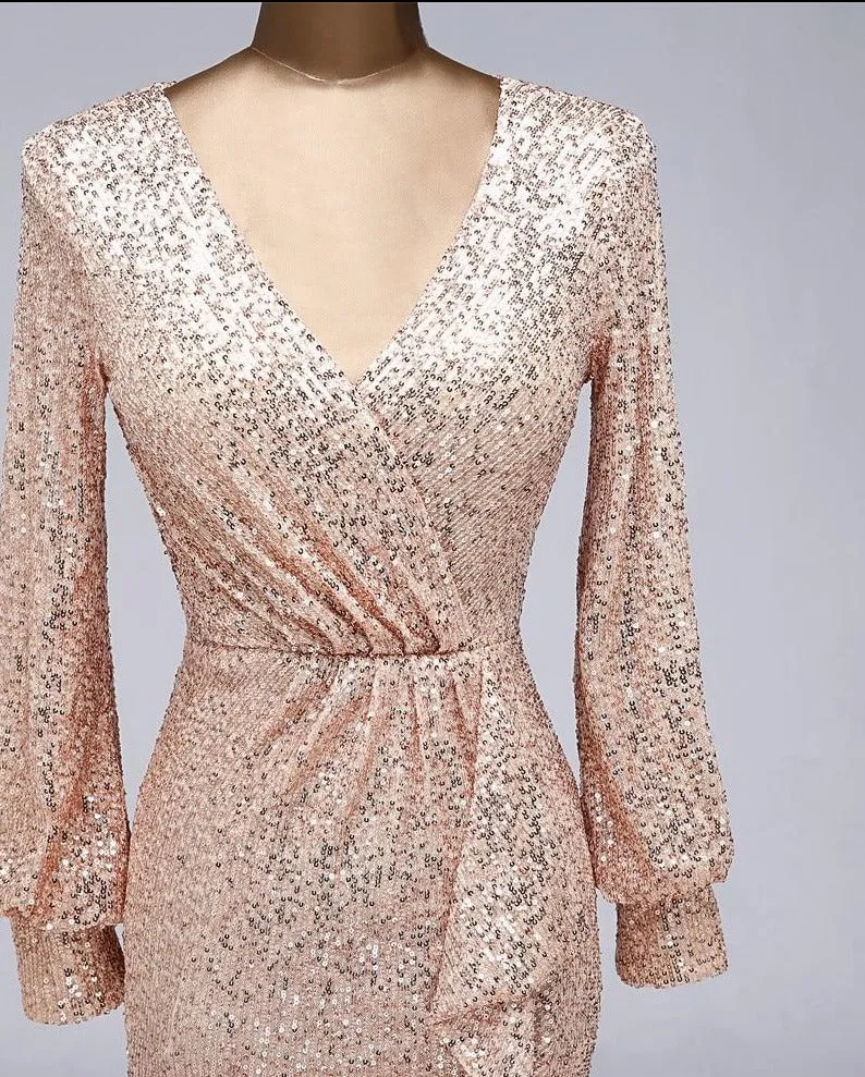 Sexy waist style long sleeve Sequin Evening Dress