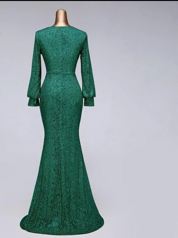 Sexy waist style long sleeve Sequin Evening Dress