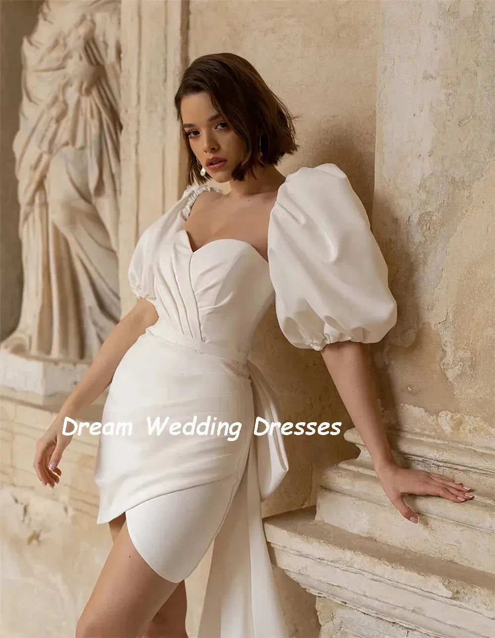 Short Mini Mermaid Wedding Dresses Big Bow Half Puff