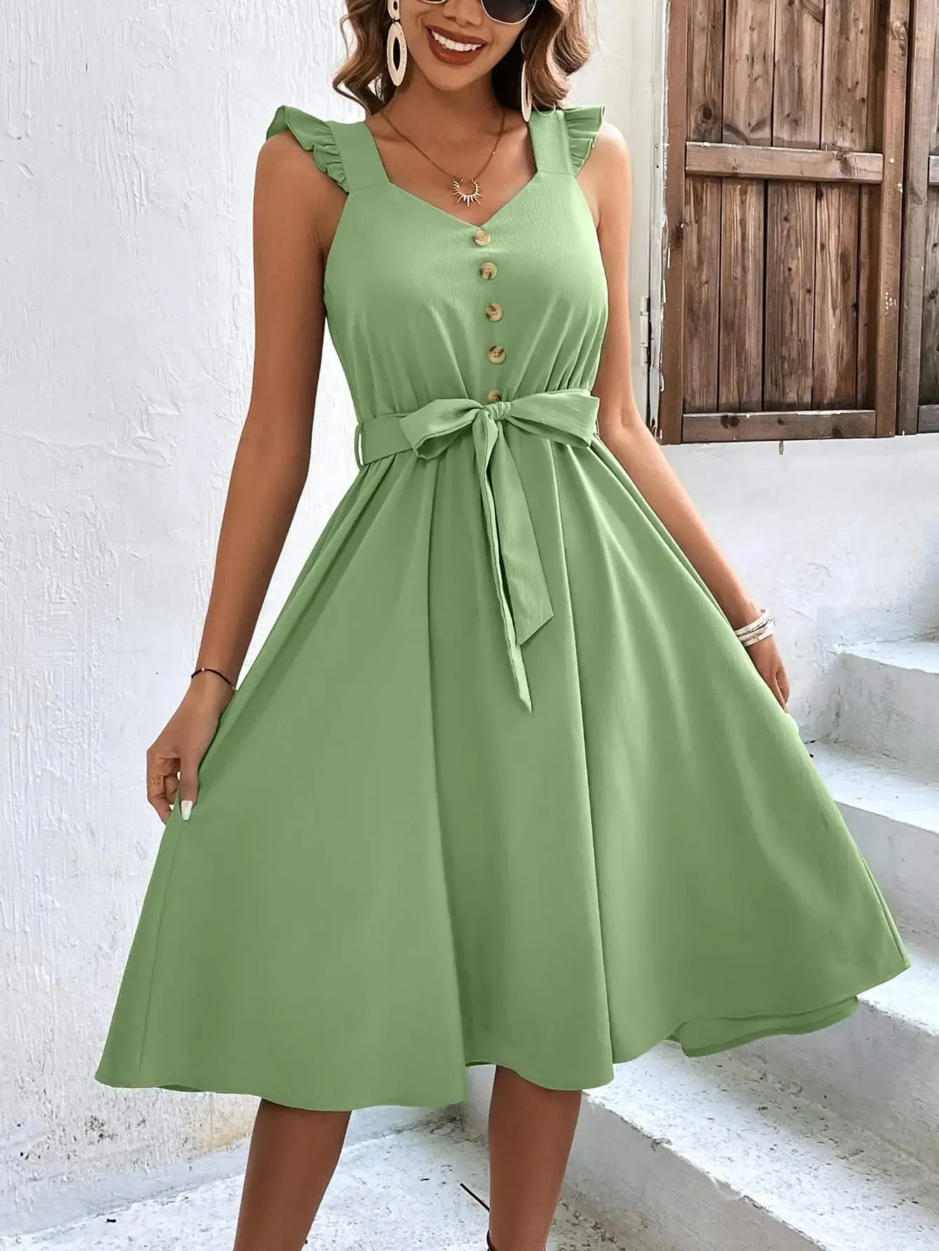 Summer Sale Women Sleeveless V-Neck Button Solid Sun Casual Holiday Beach Midi Dress