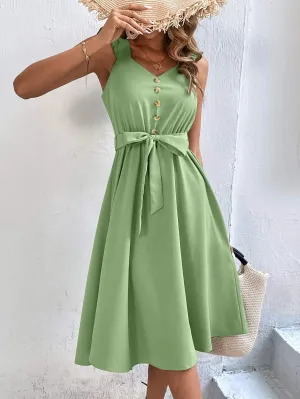 Summer Sale Women Sleeveless V-Neck Button Solid Sun Casual Holiday Beach Midi Dress