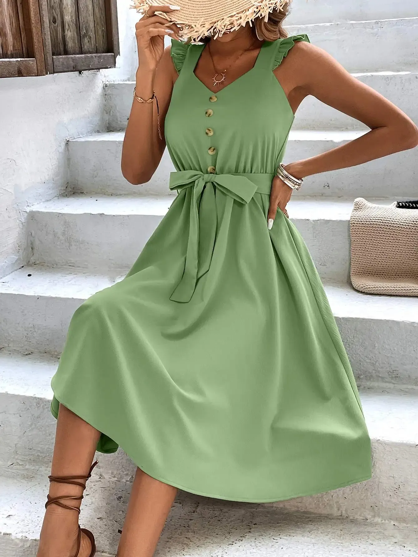 Summer Sale Women Sleeveless V-Neck Button Solid Sun Casual Holiday Beach Midi Dress