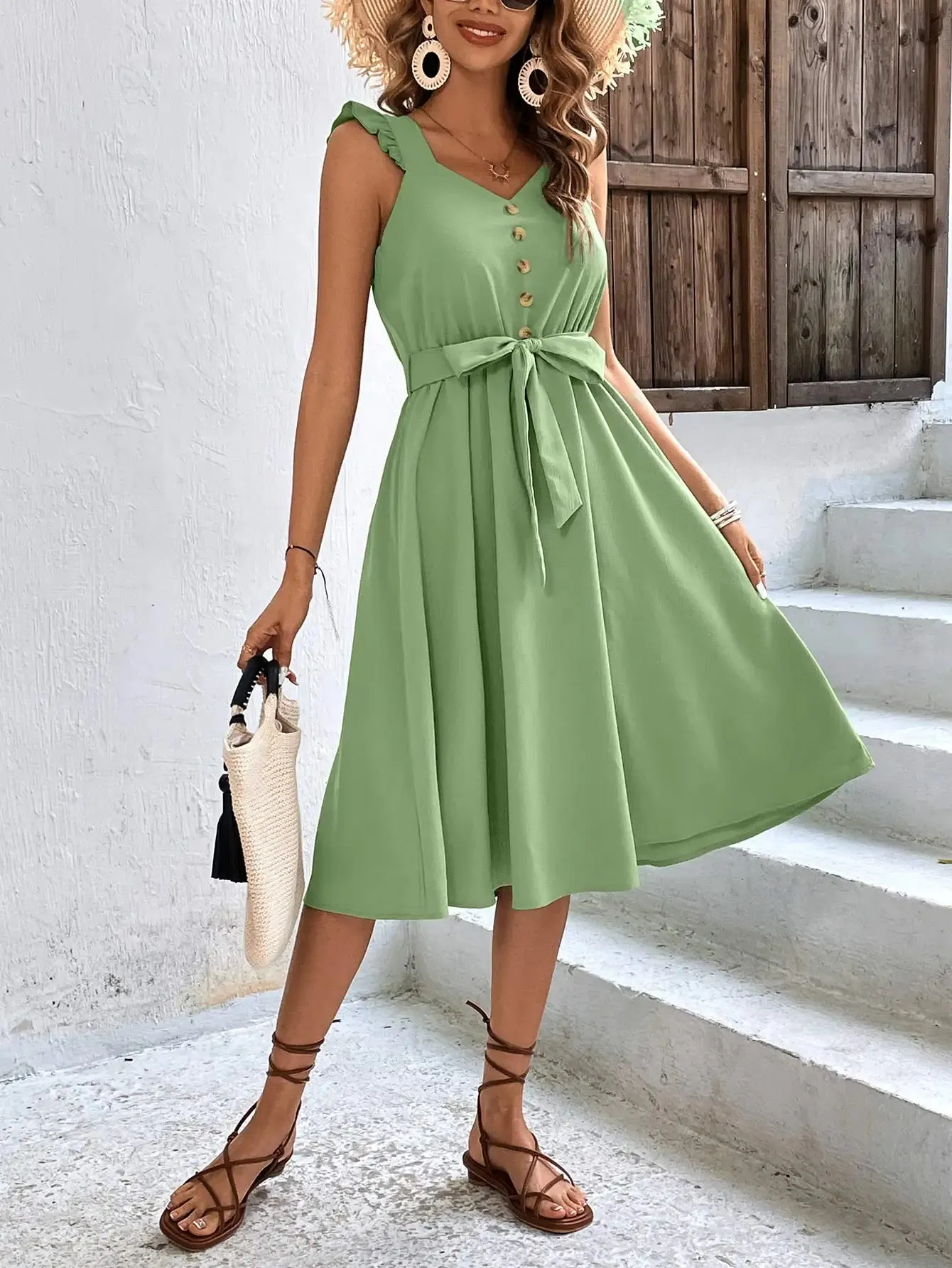 Summer Sale Women Sleeveless V-Neck Button Solid Sun Casual Holiday Beach Midi Dress