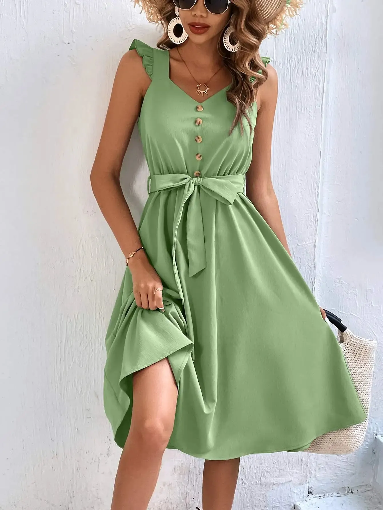 Summer Sale Women Sleeveless V-Neck Button Solid Sun Casual Holiday Beach Midi Dress