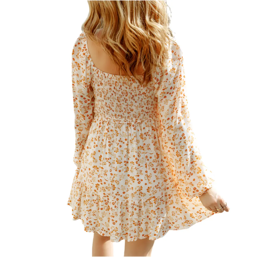 Sweet Puff Sleeve Floral Long Sleeve Dress