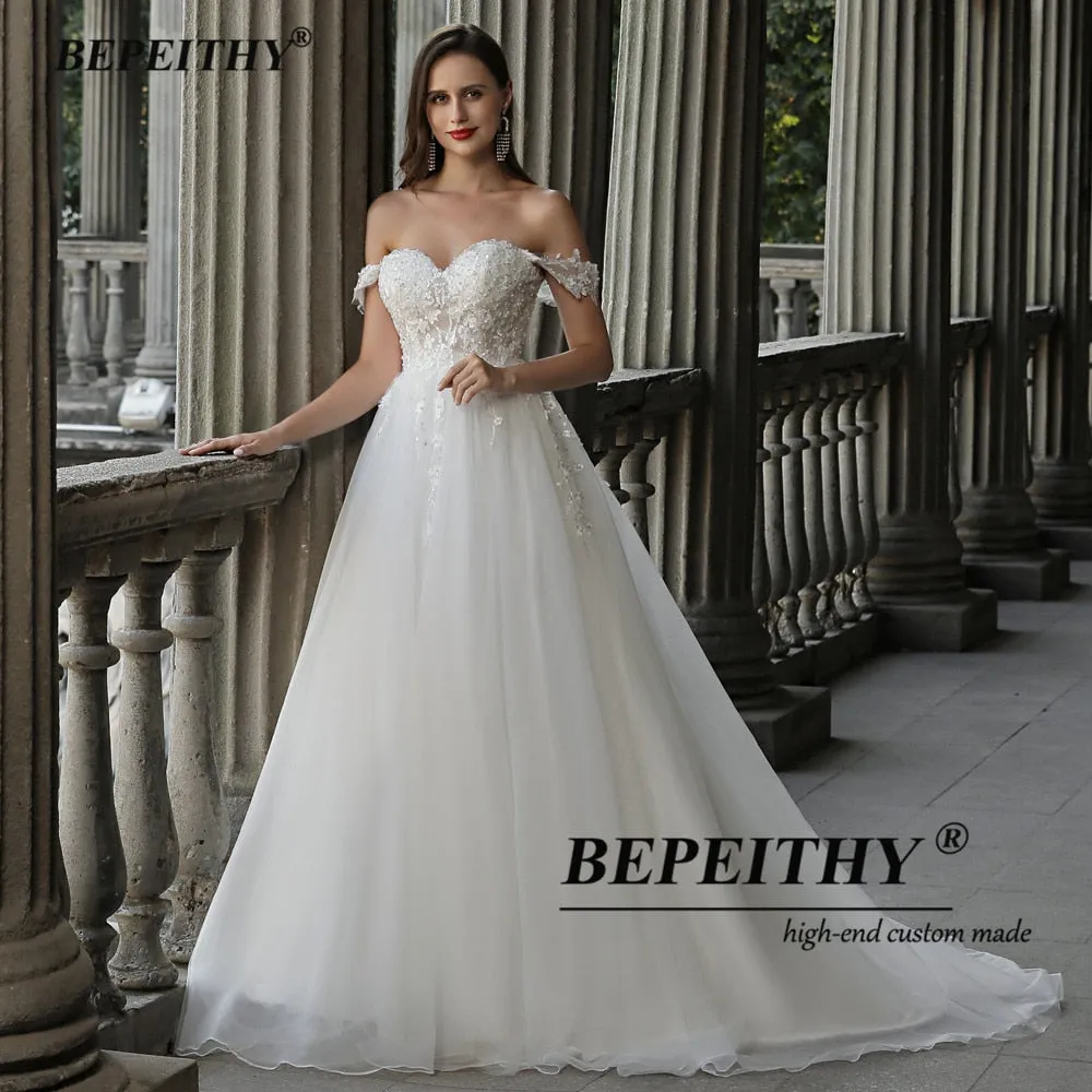 Sweetheart A Line Ivory Wedding Dress Off The Shoulder Vestido De Novia Women Lace Bridal Gown Sleeveless Bridal Dress