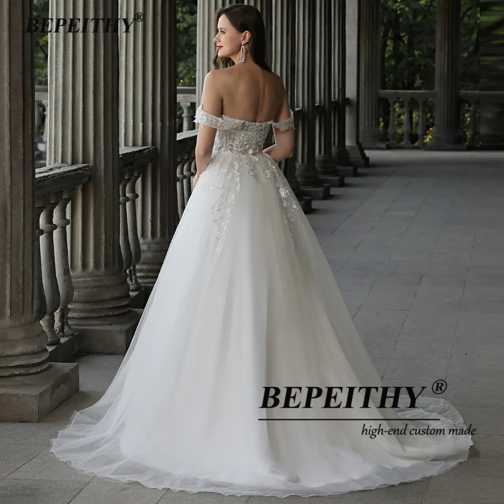 Sweetheart A Line Ivory Wedding Dress Off The Shoulder Vestido De Novia Women Lace Bridal Gown Sleeveless Bridal Dress