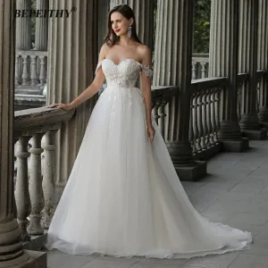 Sweetheart A Line Ivory Wedding Dress Off The Shoulder Vestido De Novia Women Lace Bridal Gown Sleeveless Bridal Dress