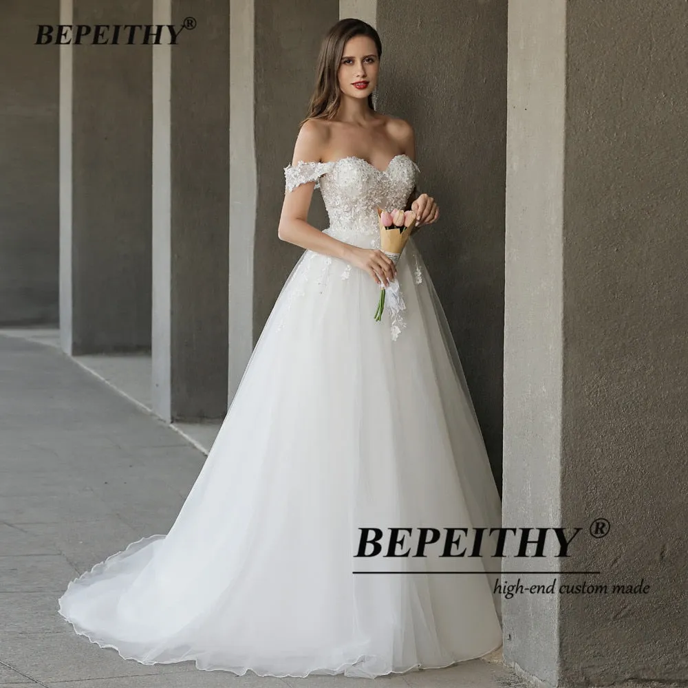 Sweetheart A Line Ivory Wedding Dress Off The Shoulder Vestido De Novia Women Lace Bridal Gown Sleeveless Bridal Dress