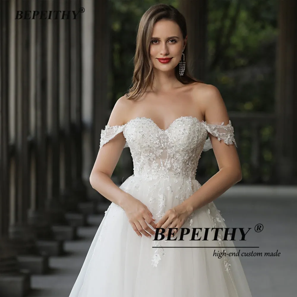 Sweetheart A Line Ivory Wedding Dress Off The Shoulder Vestido De Novia Women Lace Bridal Gown Sleeveless Bridal Dress