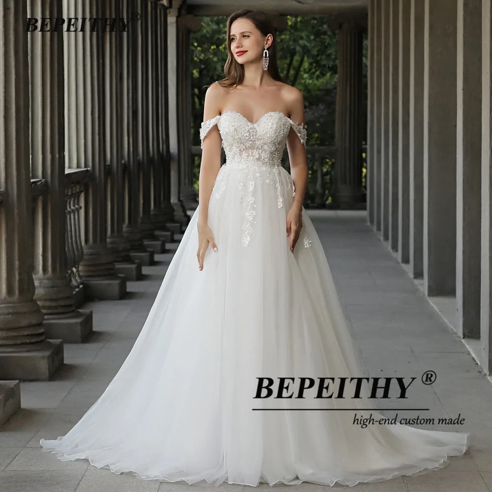 Sweetheart A Line Ivory Wedding Dress Off The Shoulder Vestido De Novia Women Lace Bridal Gown Sleeveless Bridal Dress