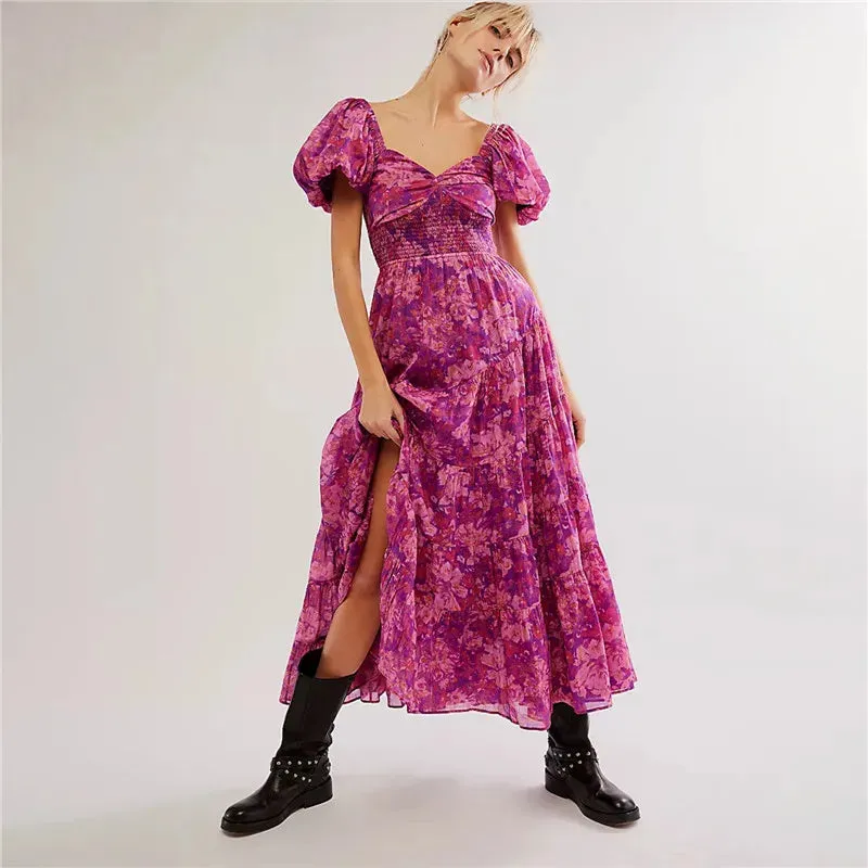 Sweetheart Neck Tunic Maxi Boho Dress with Floral Print