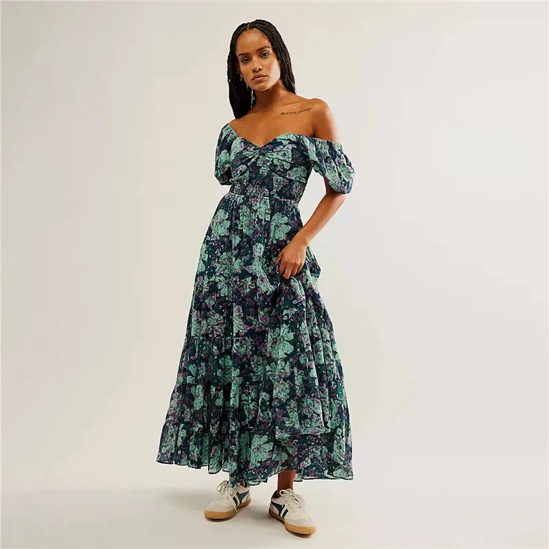 Sweetheart Neck Tunic Maxi Boho Dress with Floral Print
